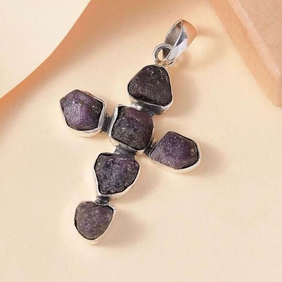 Artisan Crafted Rough Cut Moroccan Ruby 23.15 ctw Cross Pendant Silver Necklace - Picture 2 of 4